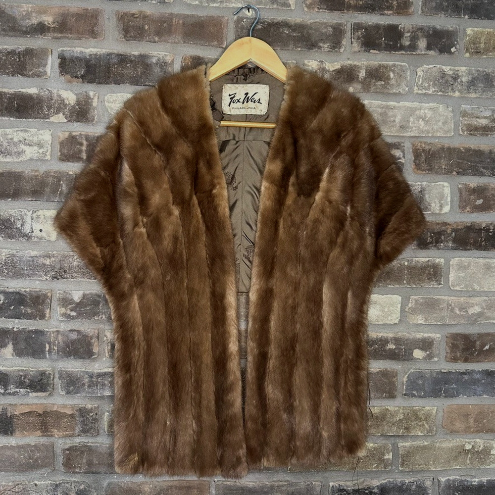Vintage 50's Real Fur Stole Shawl Capelet - Fox Weis Philadelphia Brown Mink